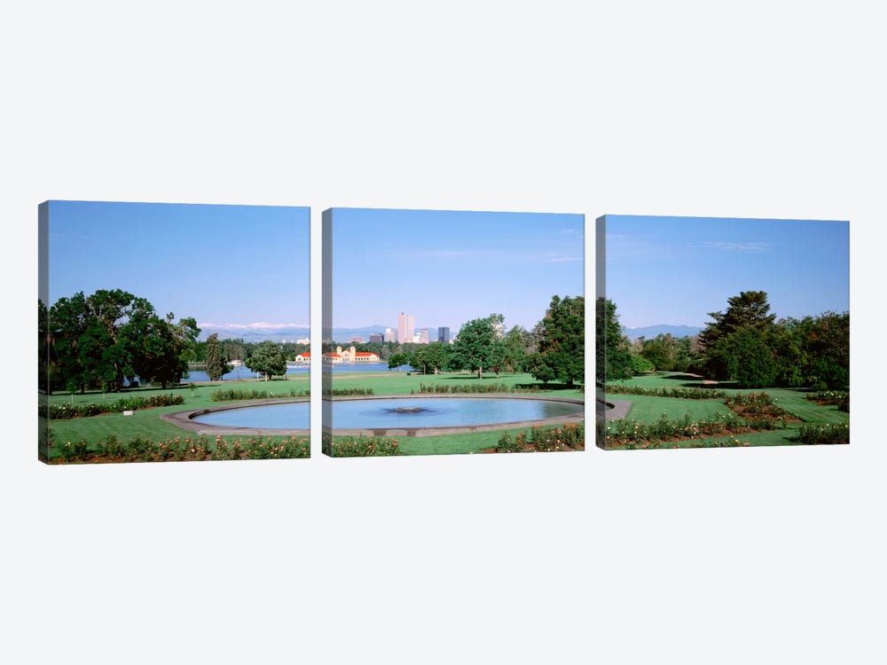 Formal garden in City Park with city and Mount Evans in background, Denver, Colorado, USA by Panoramic Images 3-piece Canvas Art Print