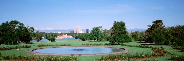 City Parks: Formal garden in City Park with city and Mount Evans in background, Denver, Colorado, USA by Panoramic Images