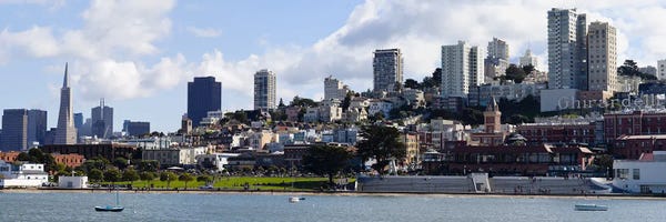 San Francisco Skylines: Buildings at the waterfront, Transamerica Pyramid, Ghirardelli Building, Coit Tower, San Francisco, California, USA by Panoramic Images
