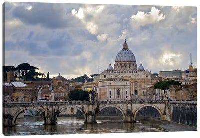 Arch bridge across Tiber River with St. Peter's Basilica in the background, Rome, Lazio, Italy Canvas Art Print - Building & Skyscraper Art