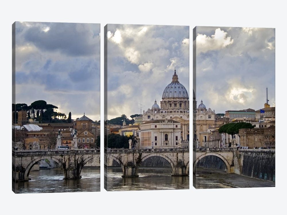 Arch bridge across Tiber River with St. Peter's Basilica in the background, Rome, Lazio, Italy by Panoramic Images 3-piece Canvas Artwork