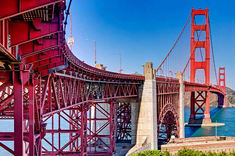 High dynamic range panorama showing structural supports for the bridge, Golden Gate Bridge, San Francisco, California, USA