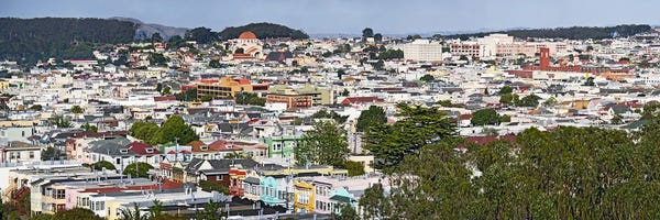 San Francisco: High angle view of colorful houses in a city, Richmond District, Laurel Heights, San Francisco, California, USA by Panoramic Images