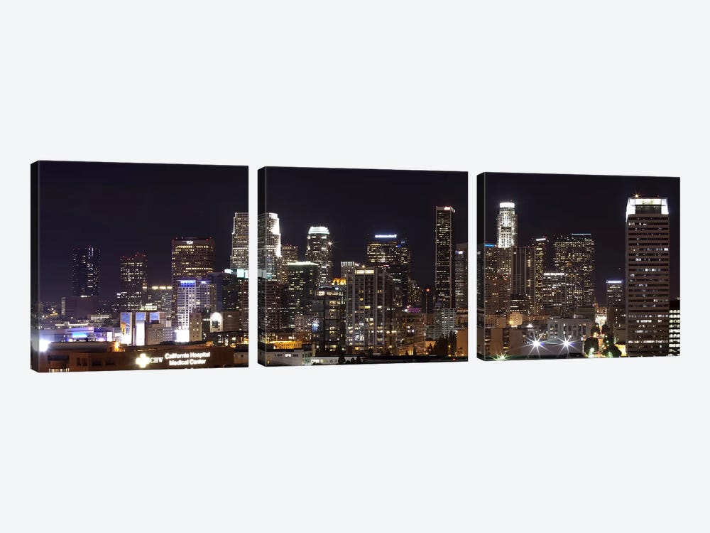 Buildings lit up at night, Los Angeles, California, USA 2011 by Panoramic Images 3-piece Canvas Wall Art