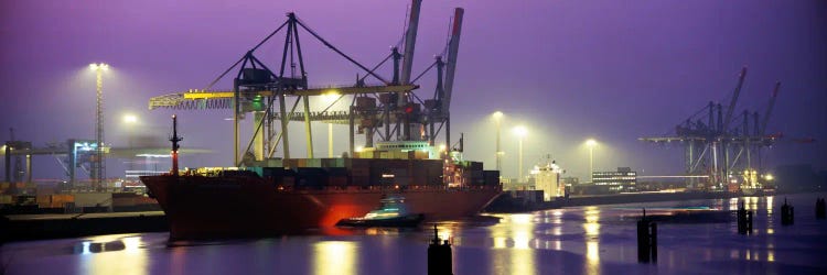 Illuminated Port At Night, Hamburg, Germany