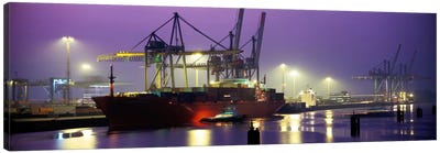 Illuminated Port At Night, Hamburg, Germany Canvas Art Print - Germany Art