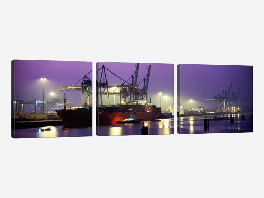 Illuminated Port At Night, Hamburg, Germany by Panoramic Images 3-piece Canvas Art Print