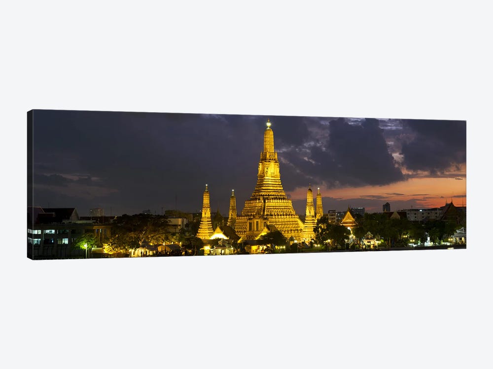 Buddhist temple lit up at dawn, Wat Arun, Chao Phraya River, Bangkok, Thailand by Panoramic Images 1-piece Canvas Print