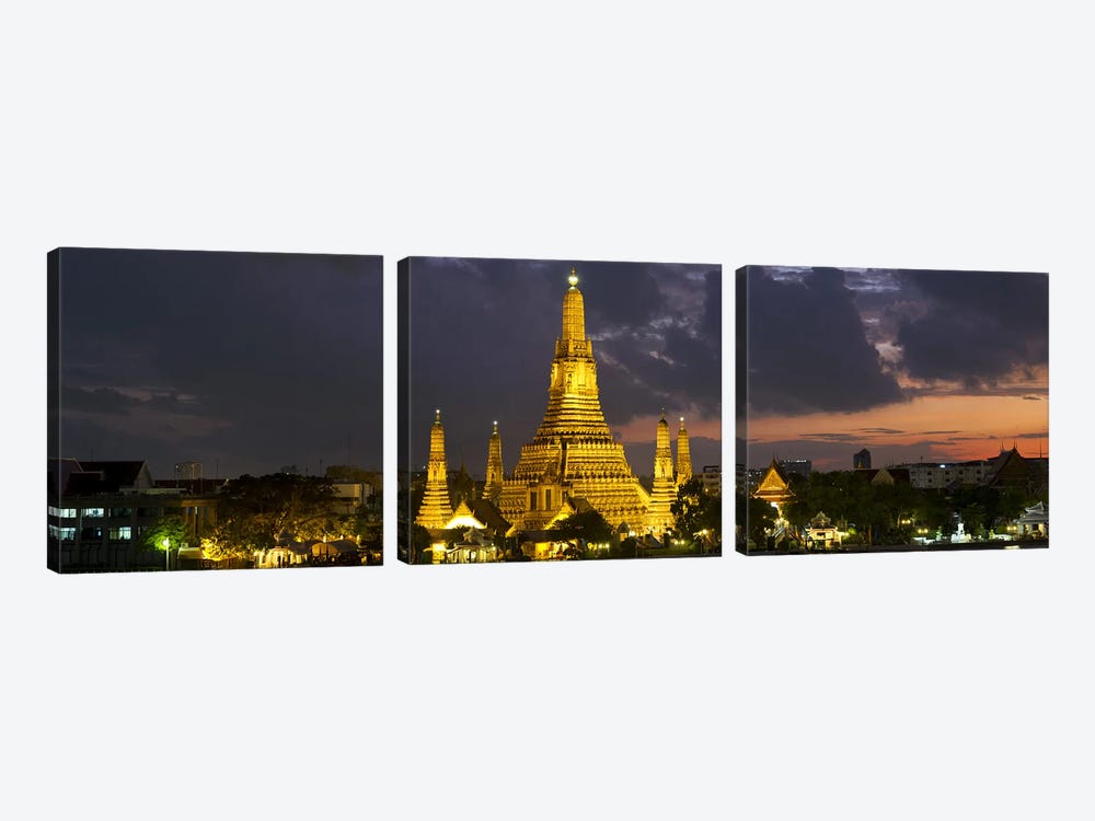 Buddhist temple lit up at dawn, Wat Arun, Chao Phraya River, Bangkok, Thailand by Panoramic Images 3-piece Canvas Art Print