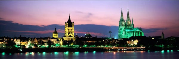 Germany: Great St. Martin & Cologne Cathedral At Dusk, Cologne, Germany by Panoramic Images