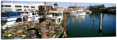 Fishing boats at a dock, Fisherman's Wharf, San Francisco, California, USA Canvas Art Print - Nautical Art