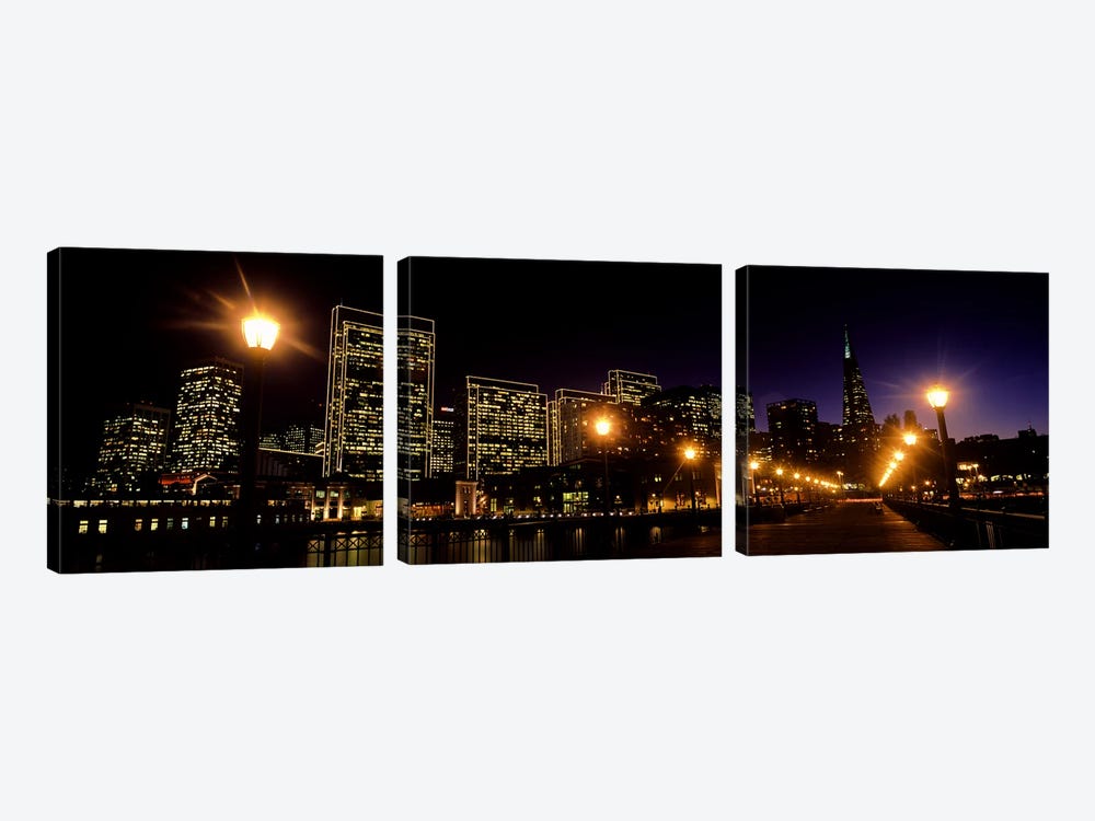 Buildings at the waterfront lit up at night, San Francisco, California, USA #6 by Panoramic Images 3-piece Canvas Art Print