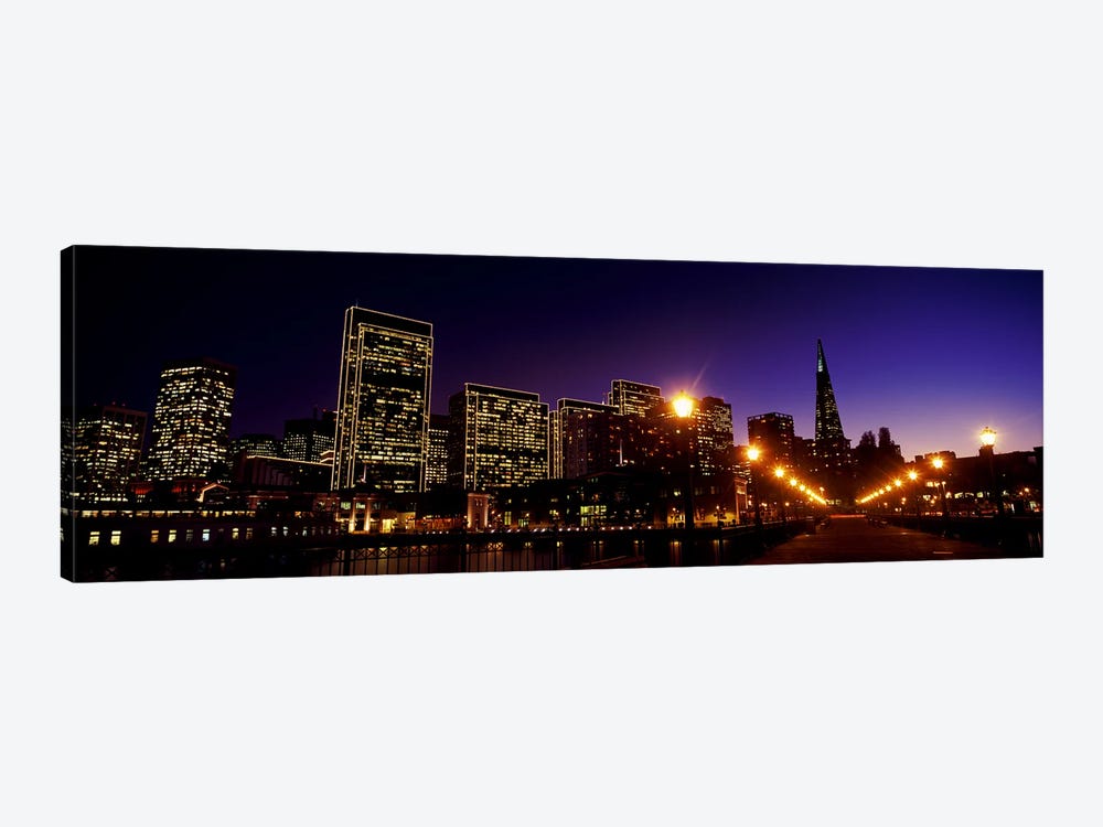 Buildings at the waterfront lit up at dusk, San Francisco, California, USA by Panoramic Images 1-piece Canvas Artwork