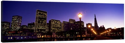 Buildings at the waterfront lit up at dusk, San Francisco, California, USA #2 Canvas Art Print - Night Sky Art