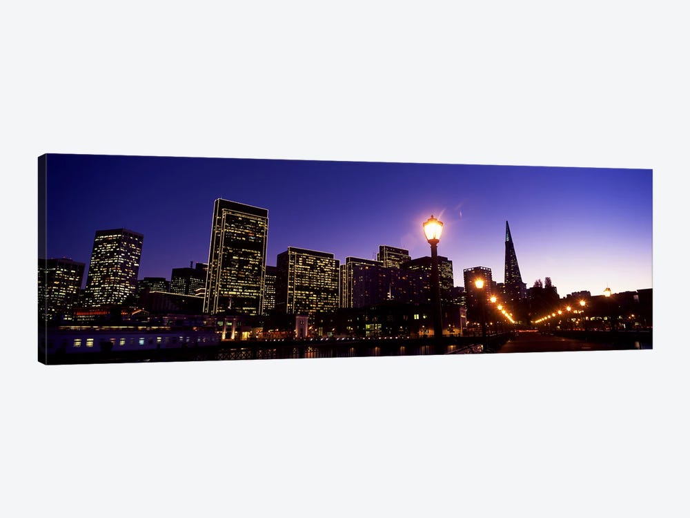 Buildings at the waterfront lit up at dusk, San Francisco, California, USA #2 by Panoramic Images 1-piece Art Print