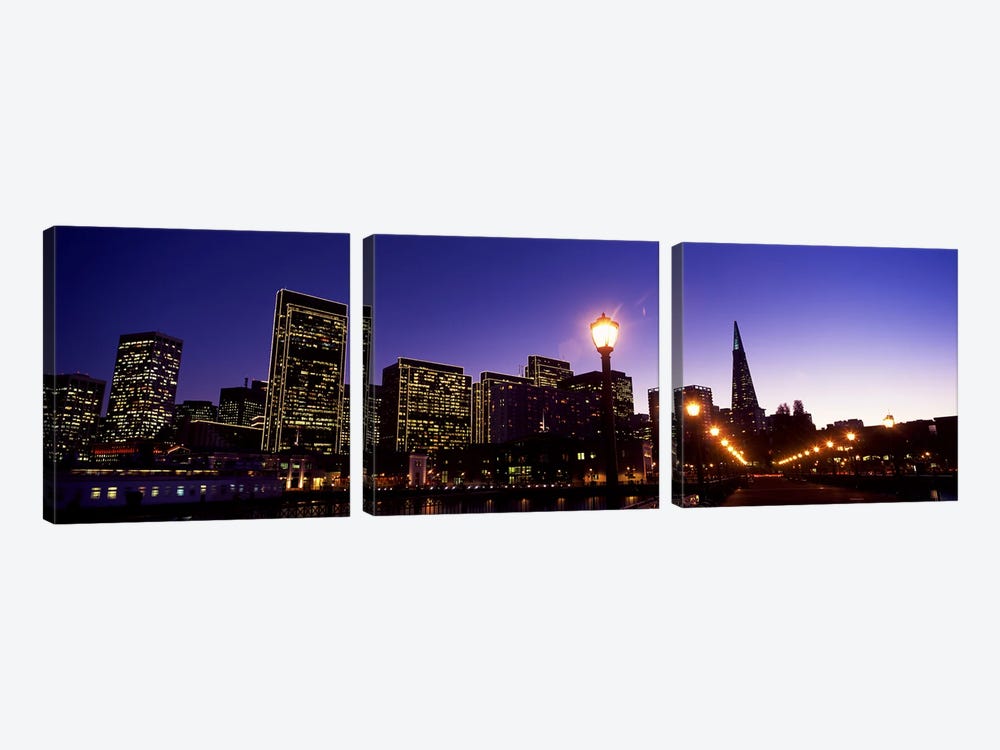 Buildings at the waterfront lit up at dusk, San Francisco, California, USA #2 by Panoramic Images 3-piece Canvas Art Print