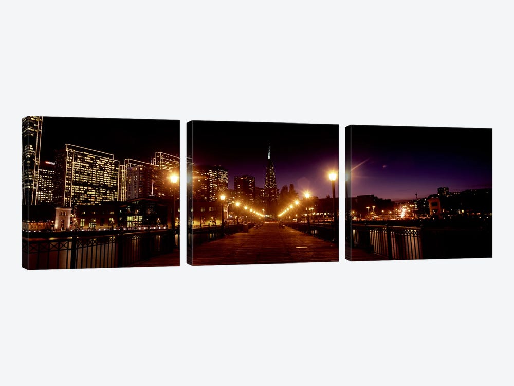 Buildings at the waterfront lit up at night, San Francisco, California, USA #7 by Panoramic Images 3-piece Canvas Wall Art