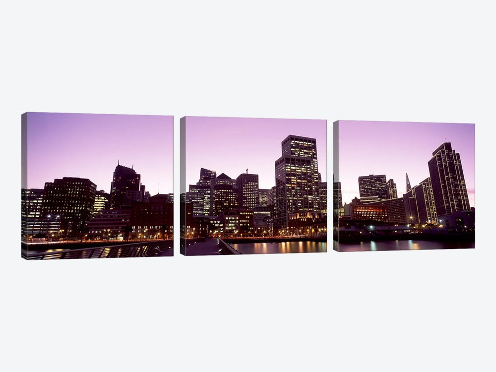 Buildings at the waterfront lit up at dusk, San Francisco, California, USA #3 by Panoramic Images 3-piece Art Print