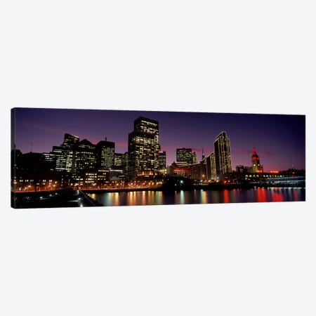 Buildings at the waterfront lit up at dusk, San Francisco, California, USA Canvas Print #PIM10430} by Panoramic Images Canvas Print