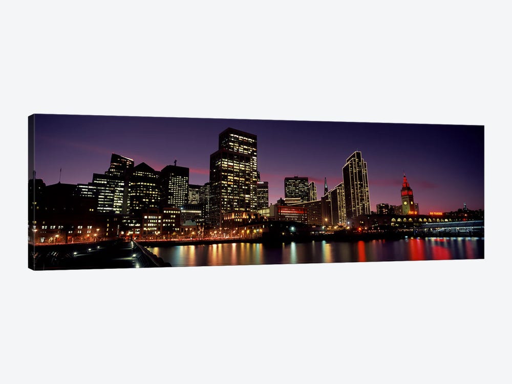Buildings at the waterfront lit up at dusk, San Francisco, California, USA by Panoramic Images 1-piece Canvas Wall Art