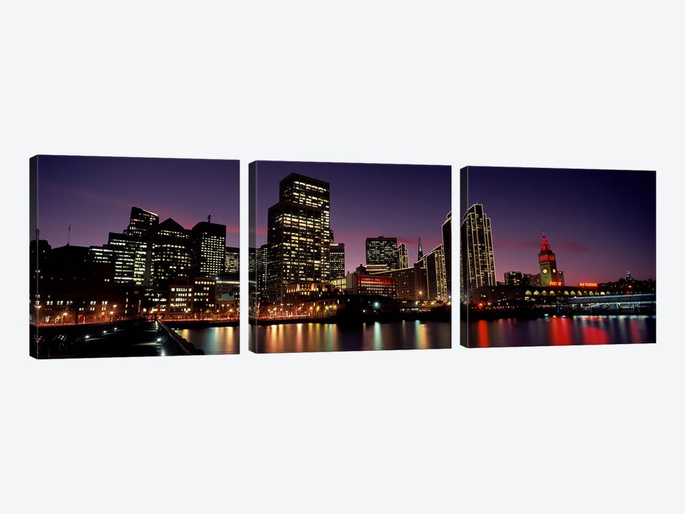 Buildings at the waterfront lit up at dusk, San Francisco, California, USA by Panoramic Images 3-piece Canvas Wall Art