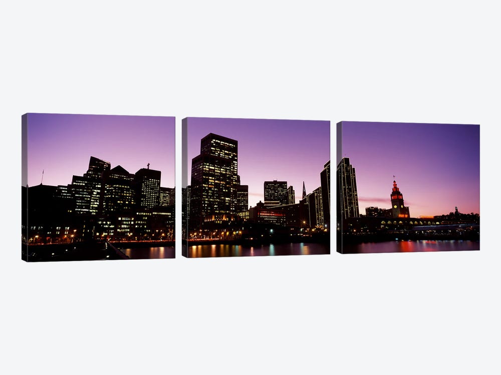 Buildings at the waterfront lit up at dusk, San Francisco, California, USA #2 by Panoramic Images 3-piece Canvas Print
