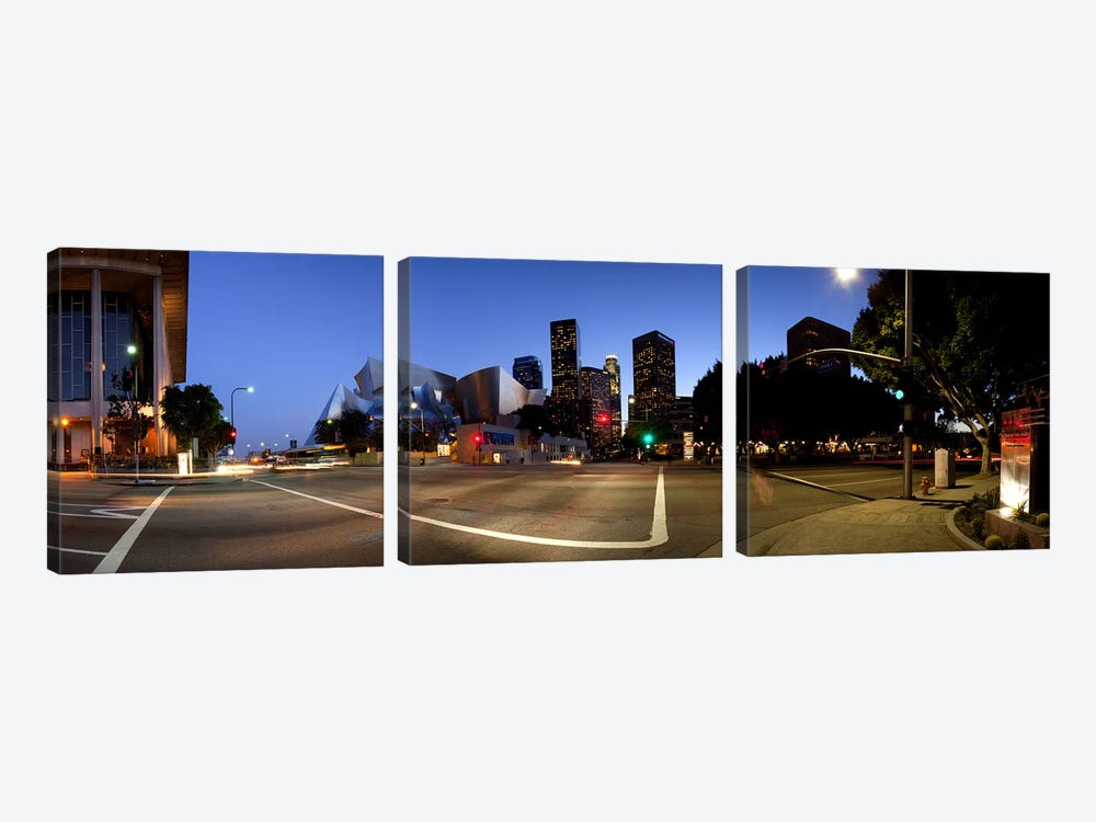 Concert hall lit up at night, Walt Disney Concert Hall, City Of Los Angeles, Los Angeles County, California, USA 2011 by Panoramic Images 3-piece Canvas Art Print