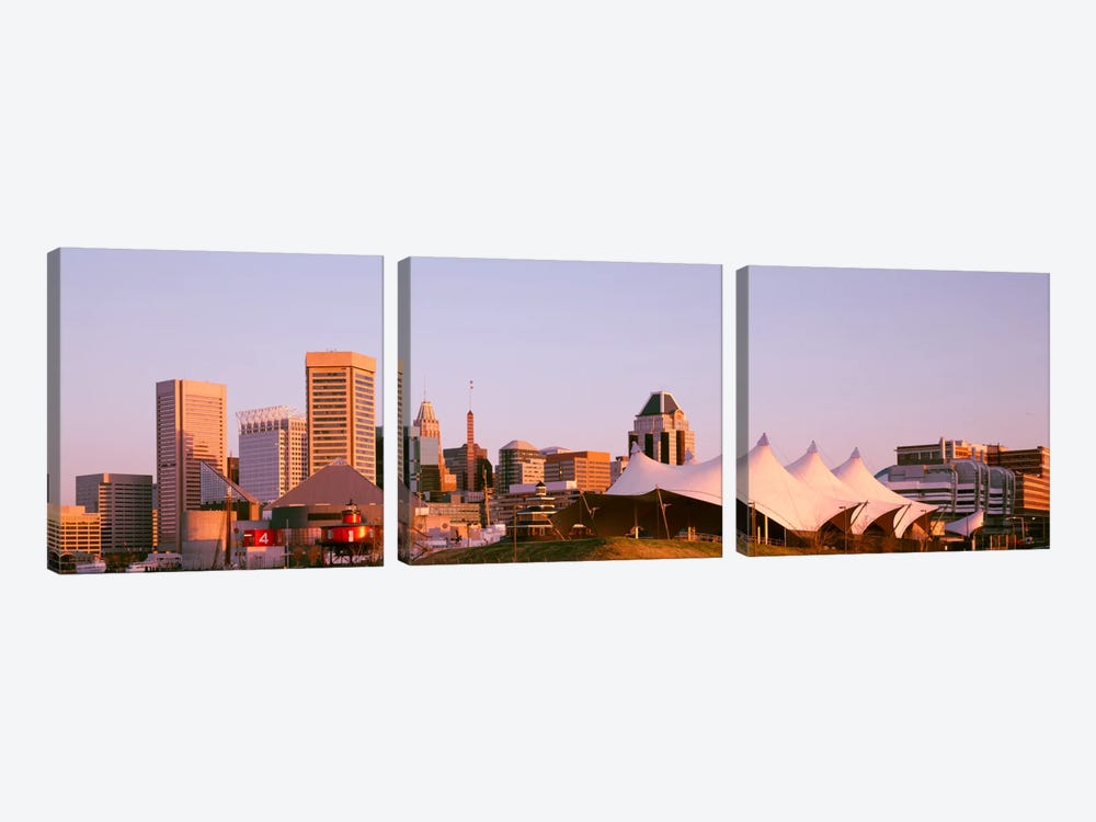 Morning skyline & Pier 6 concert pavilion Baltimore MD USA by Panoramic Images 3-piece Canvas Art