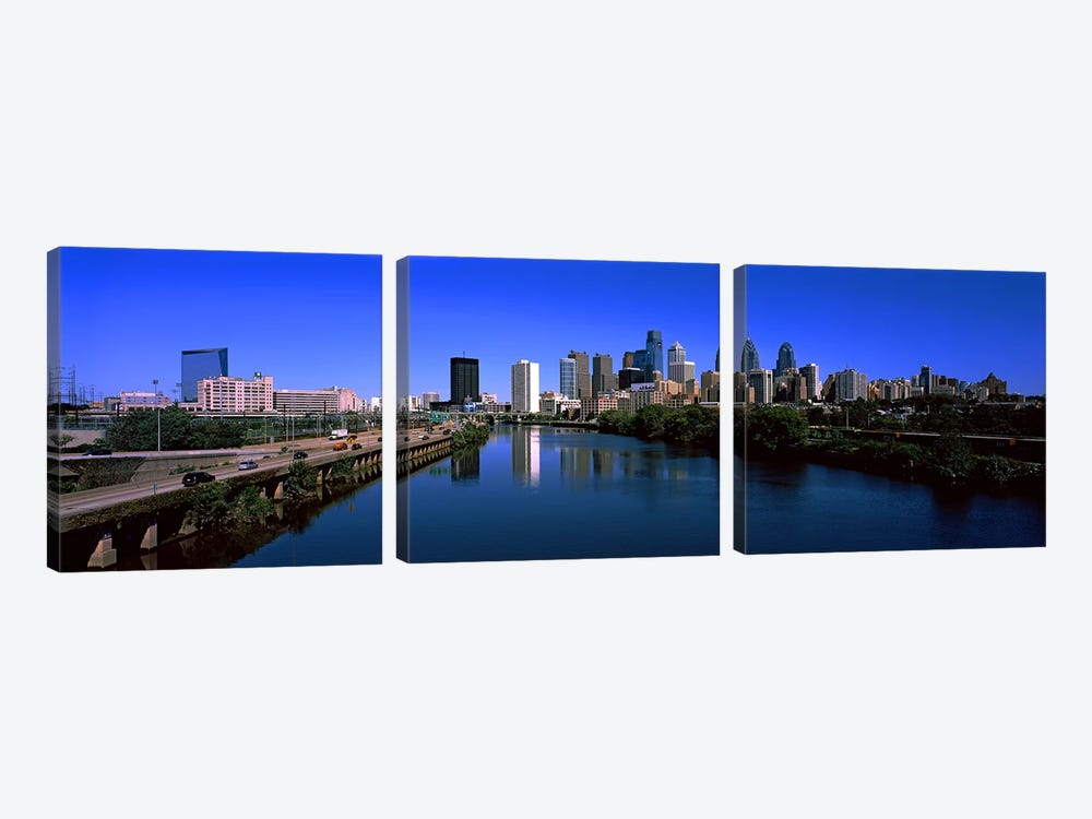 Buildings at the waterfront, Philadelphia, Schuylkill River, Pennsylvania, USA by Panoramic Images 3-piece Canvas Print