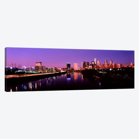Buildings lit up at the waterfront, Philadelphia, Schuylkill River, Pennsylvania, USA #2 Canvas Print #PIM10572} by Panoramic Images Canvas Artwork