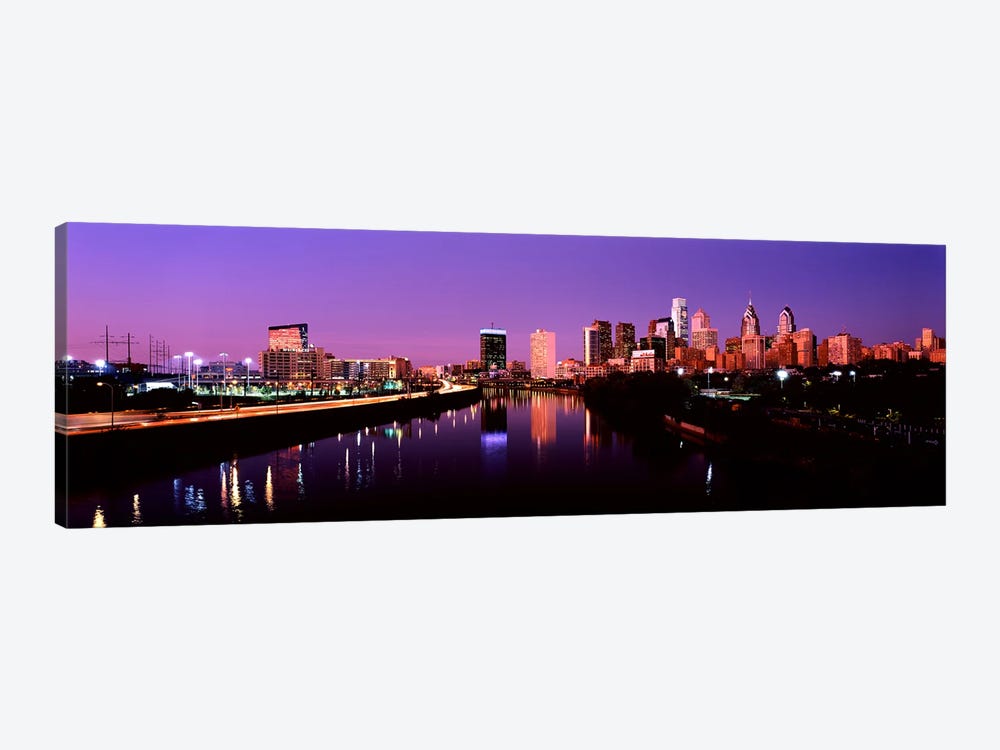 Buildings lit up at the waterfront, Philadelphia, Schuylkill River, Pennsylvania, USA #2 by Panoramic Images 1-piece Canvas Print
