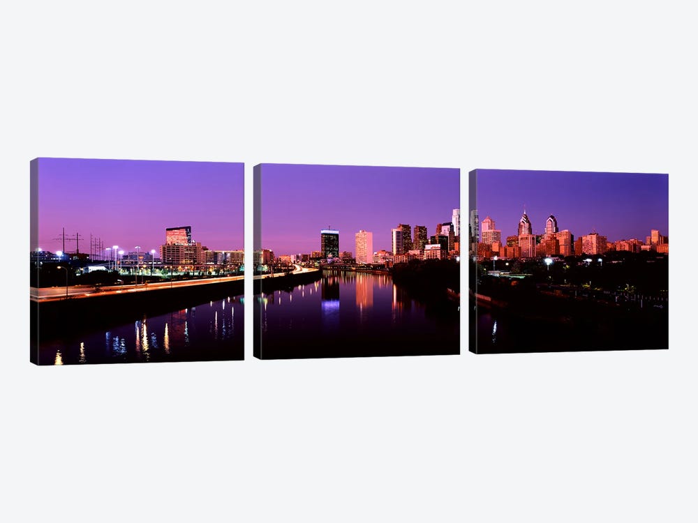 Buildings lit up at the waterfront, Philadelphia, Schuylkill River, Pennsylvania, USA #2 by Panoramic Images 3-piece Canvas Art Print