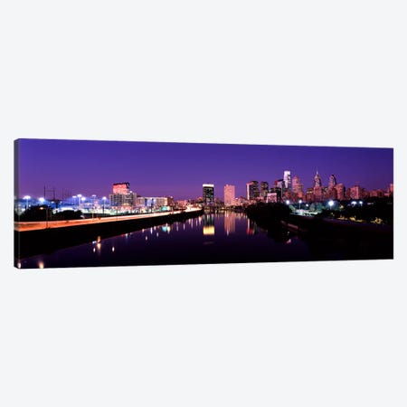 Buildings lit up at the waterfront, Philadelphia, Schuylkill River, Pennsylvania, USA #3 Canvas Print #PIM10573} by Panoramic Images Canvas Art