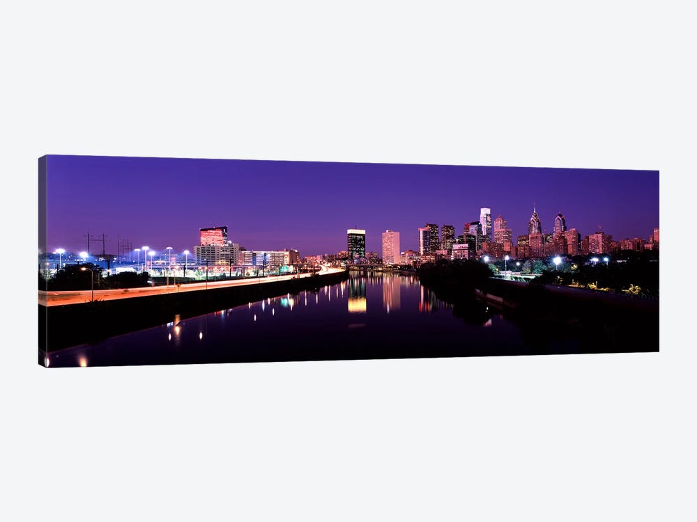 Buildings lit up at the waterfront, Philadelphia, Schuylkill River, Pennsylvania, USA #3 by Panoramic Images 1-piece Canvas Wall Art