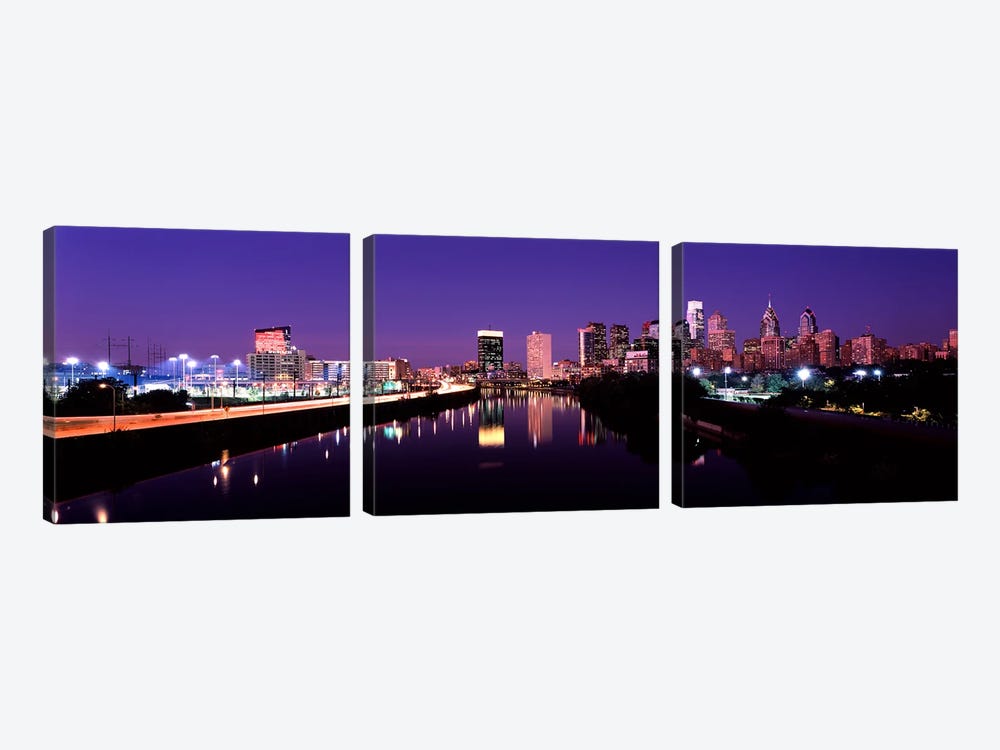 Buildings lit up at the waterfront, Philadelphia, Schuylkill River, Pennsylvania, USA #3 by Panoramic Images 3-piece Canvas Art