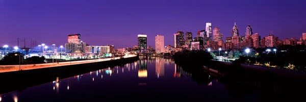 Pennsylvania: Buildings lit up at the waterfront, Philadelphia, Schuylkill River, Pennsylvania, USA #3 by Panoramic Images