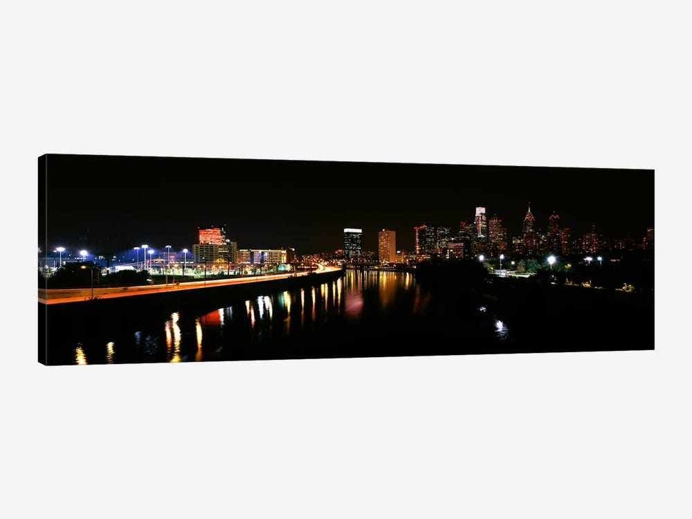Buildings lit up at the waterfront, Philadelphia, Schuylkill River, Pennsylvania, USA #4 by Panoramic Images 1-piece Canvas Art Print