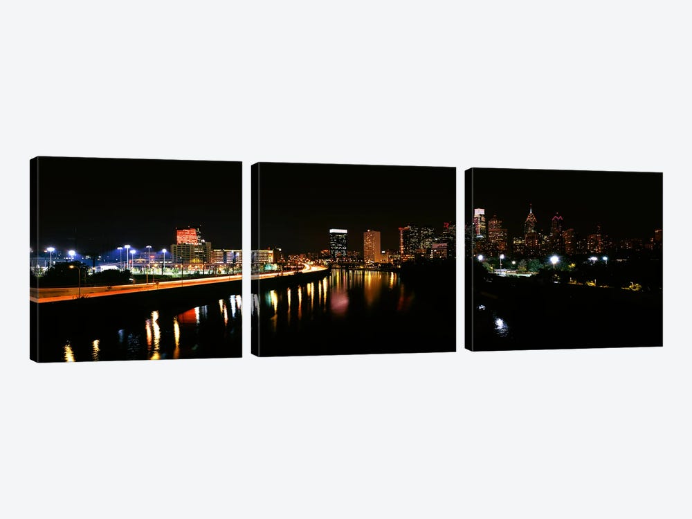 Buildings lit up at the waterfront, Philadelphia, Schuylkill River, Pennsylvania, USA #4 by Panoramic Images 3-piece Art Print