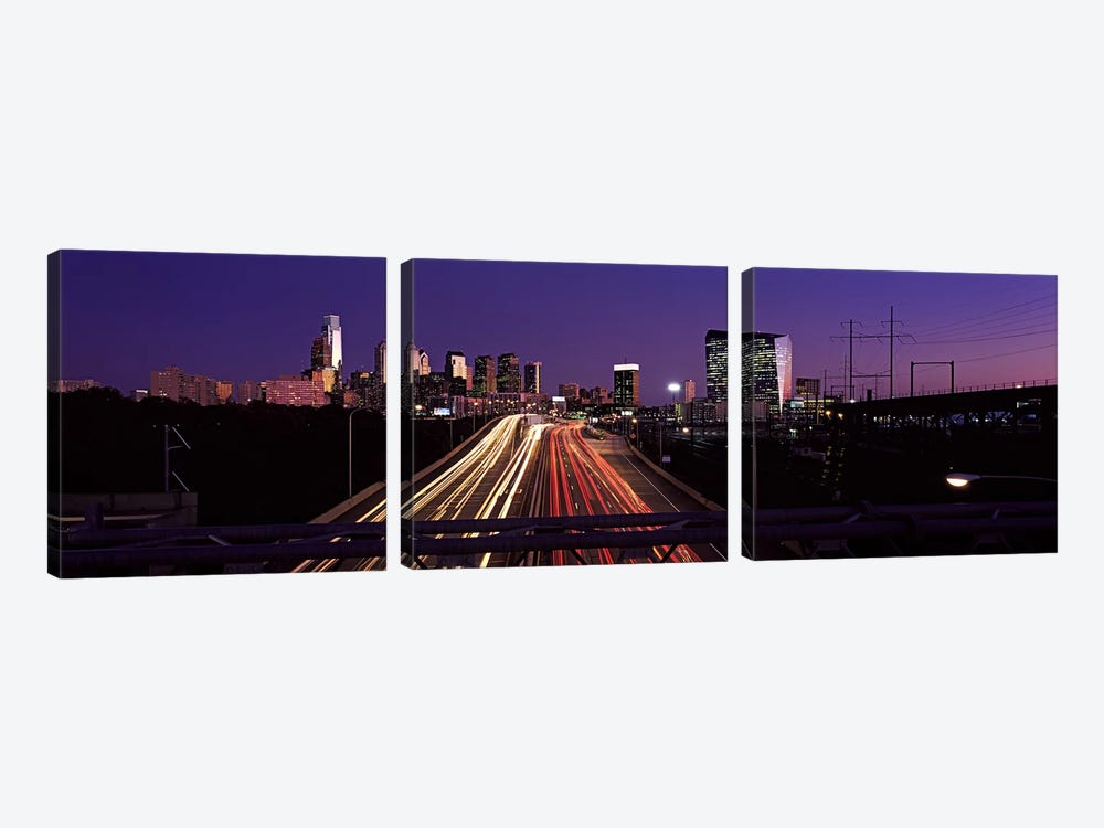 Light streaks of vehicles on highway at dusk, Philadelphia, Pennsylvania, USA by Panoramic Images 3-piece Canvas Wall Art