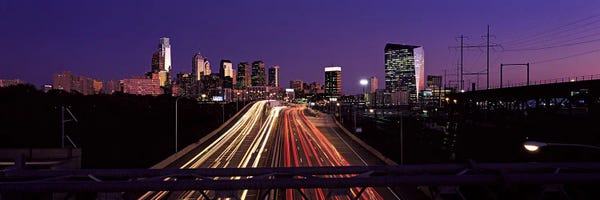 Pennsylvania: Light streaks of vehicles on highway at dusk, Philadelphia, Pennsylvania, USA by Panoramic Images
