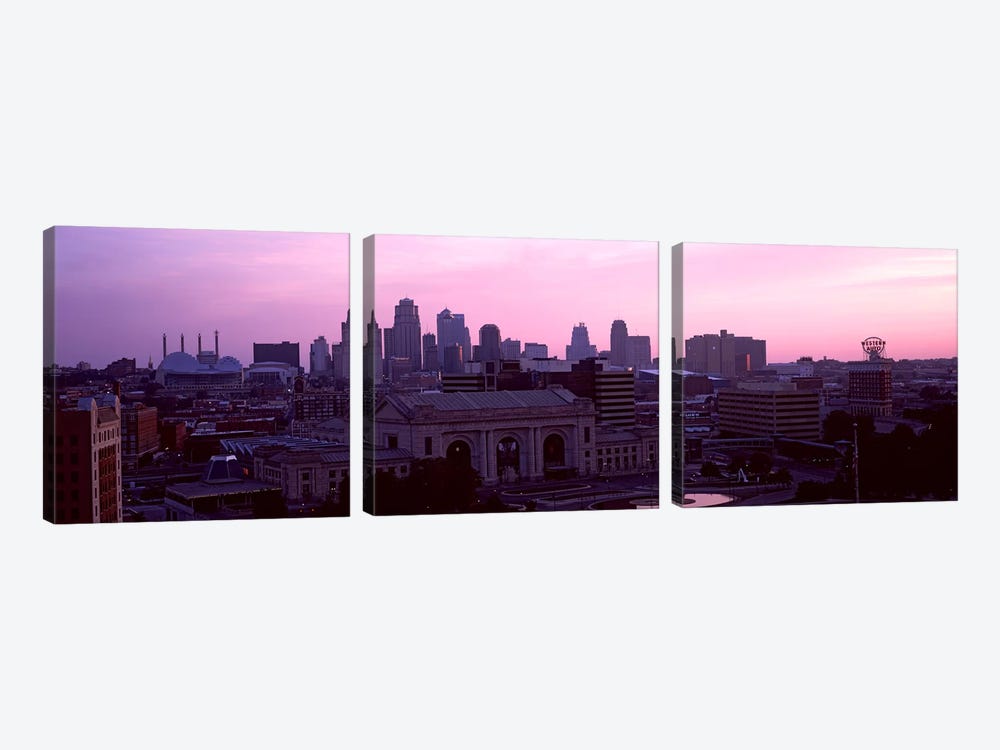 Union Station at sunset with city skyline in background, Kansas City, Missouri, USA by Panoramic Images 3-piece Canvas Artwork