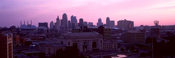 Missouri: Union Station at sunset with city skyline in background, Kansas City, Missouri, USA by Panoramic Images