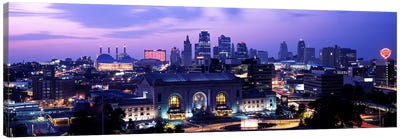 Union Station at sunset with city skyline in backgroundKansas City, Missouri, USA Canvas Art Print - Places