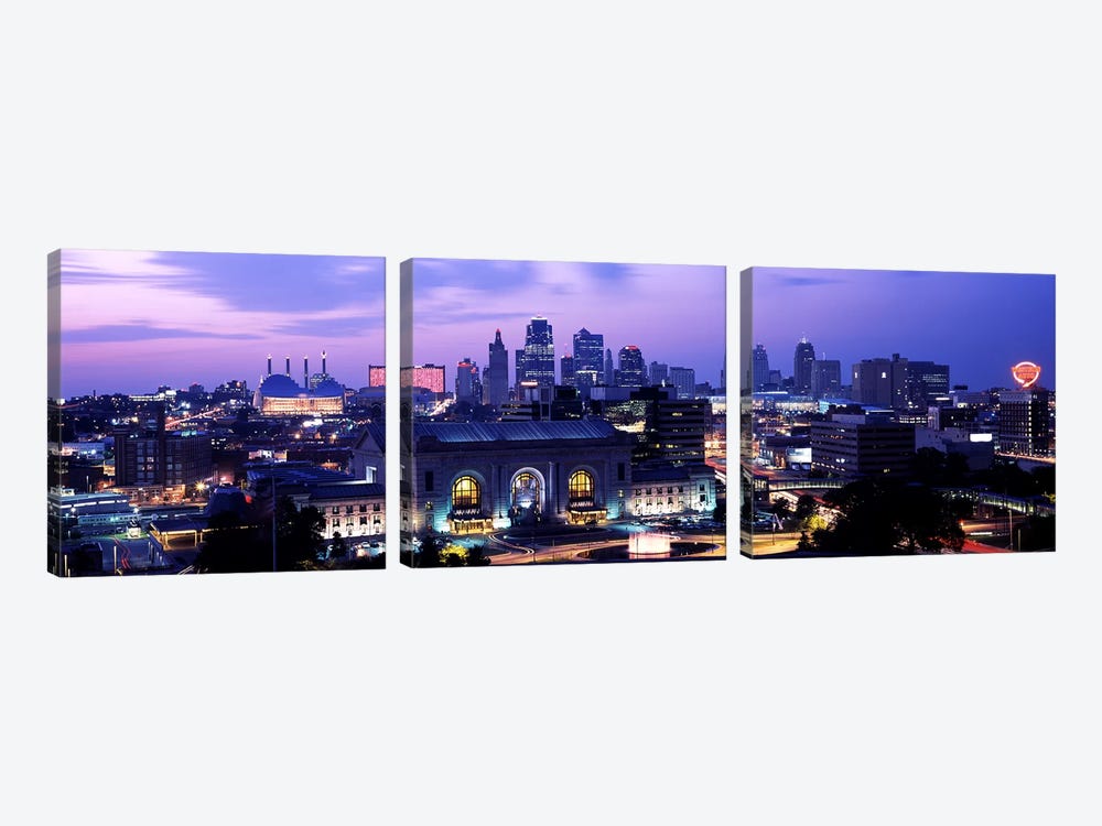 Union Station at sunset with city skyline in backgroundKansas City, Missouri, USA by Panoramic Images 3-piece Canvas Art Print