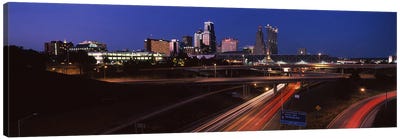 Highway interchange and skyline at dusk, Kansas City, Missouri, USA Canvas Art Print - Night Sky Art