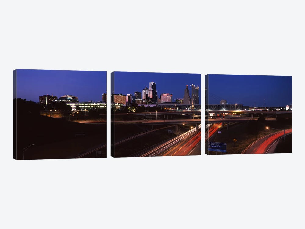 Highway interchange and skyline at dusk, Kansas City, Missouri, USA by Panoramic Images 3-piece Canvas Artwork