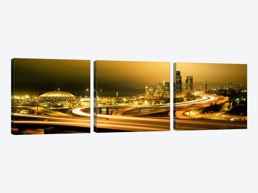 Buildings lit up at night, Seattle, Washington State, USA by Panoramic Images 3-piece Canvas Art Print