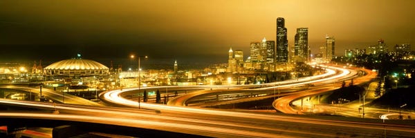 Seattle: Buildings lit up at night, Seattle, Washington State, USA by Panoramic Images