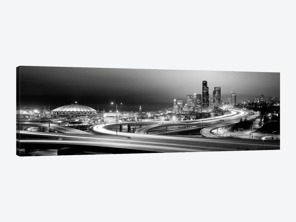 Buildings lit up at night, Seattle, Washington State, USA (black & white) by Panoramic Images 1-piece Canvas Wall Art