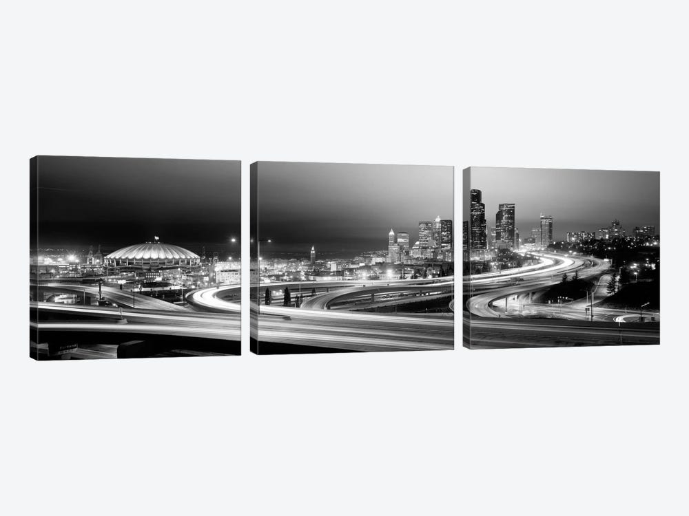 Buildings lit up at night, Seattle, Washington State, USA (black & white) by Panoramic Images 3-piece Canvas Wall Art